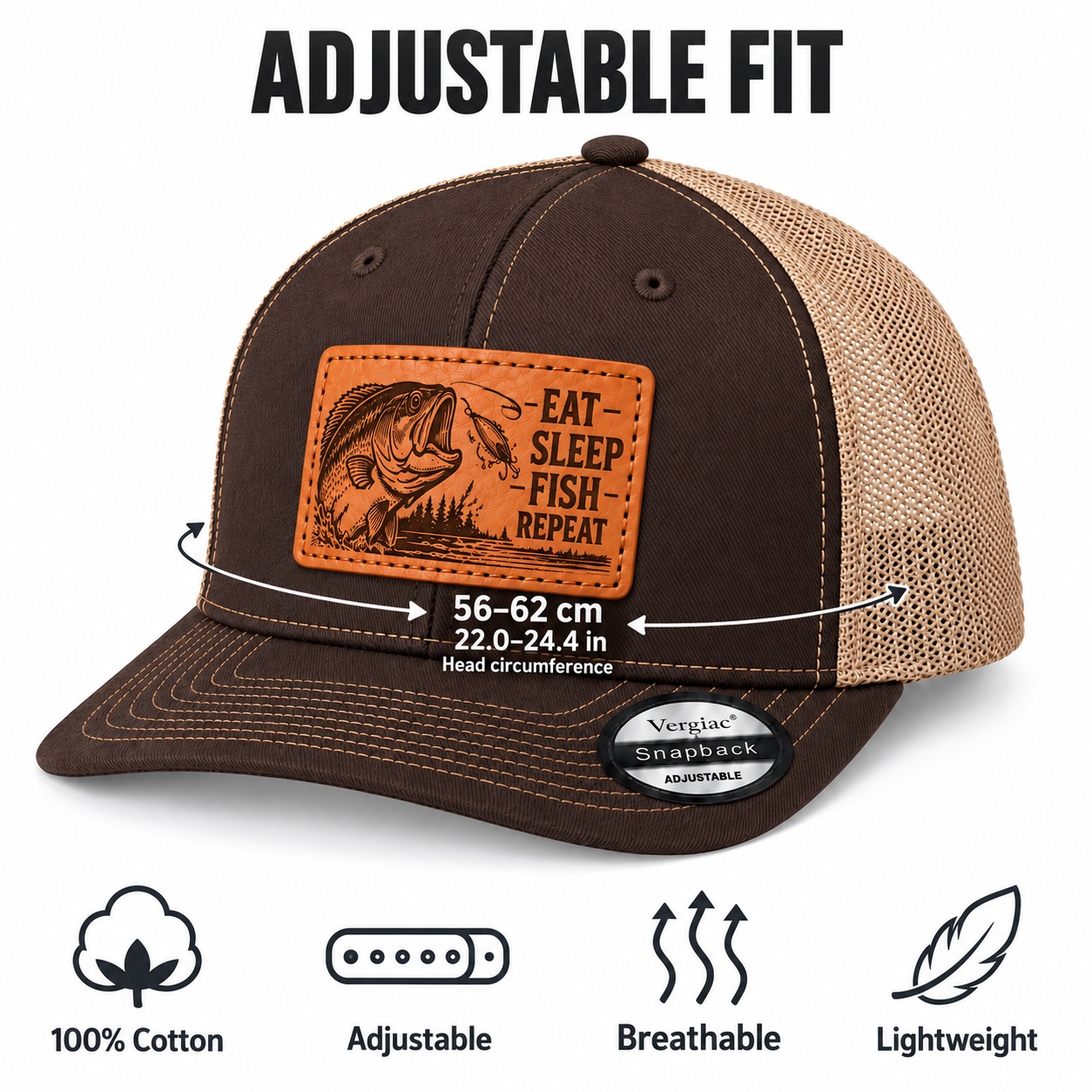 Eat Sleep Fish Repeat Leather Patch Trucker Hat product details