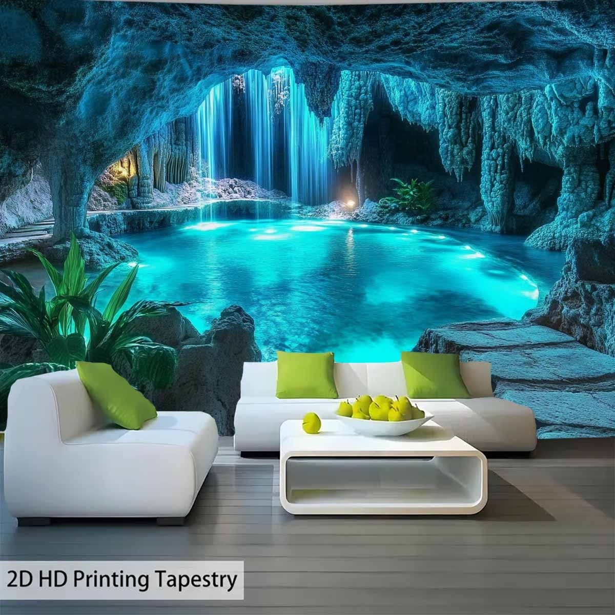 Tapisserie murale représentant une grande grotte bleue avec cascade et bassin - Décoration murale idéale pour la maison, cadeau de Noël, fond de fête, sans électricité_voghion.com