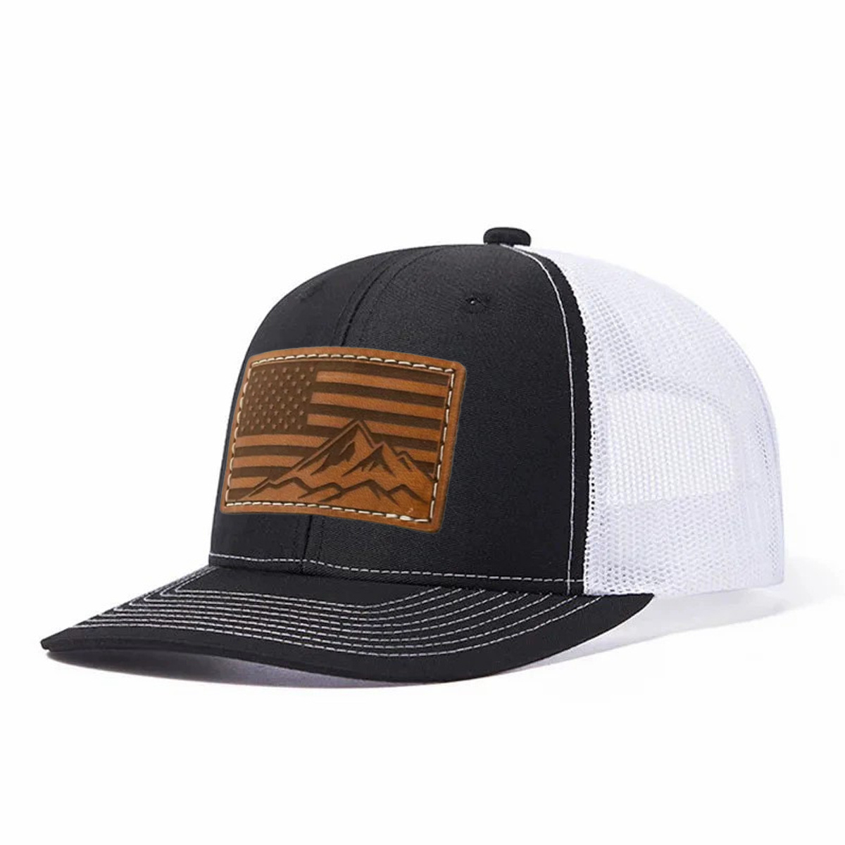 USA Flag Mountain Leather Patch Trucker Hat product details