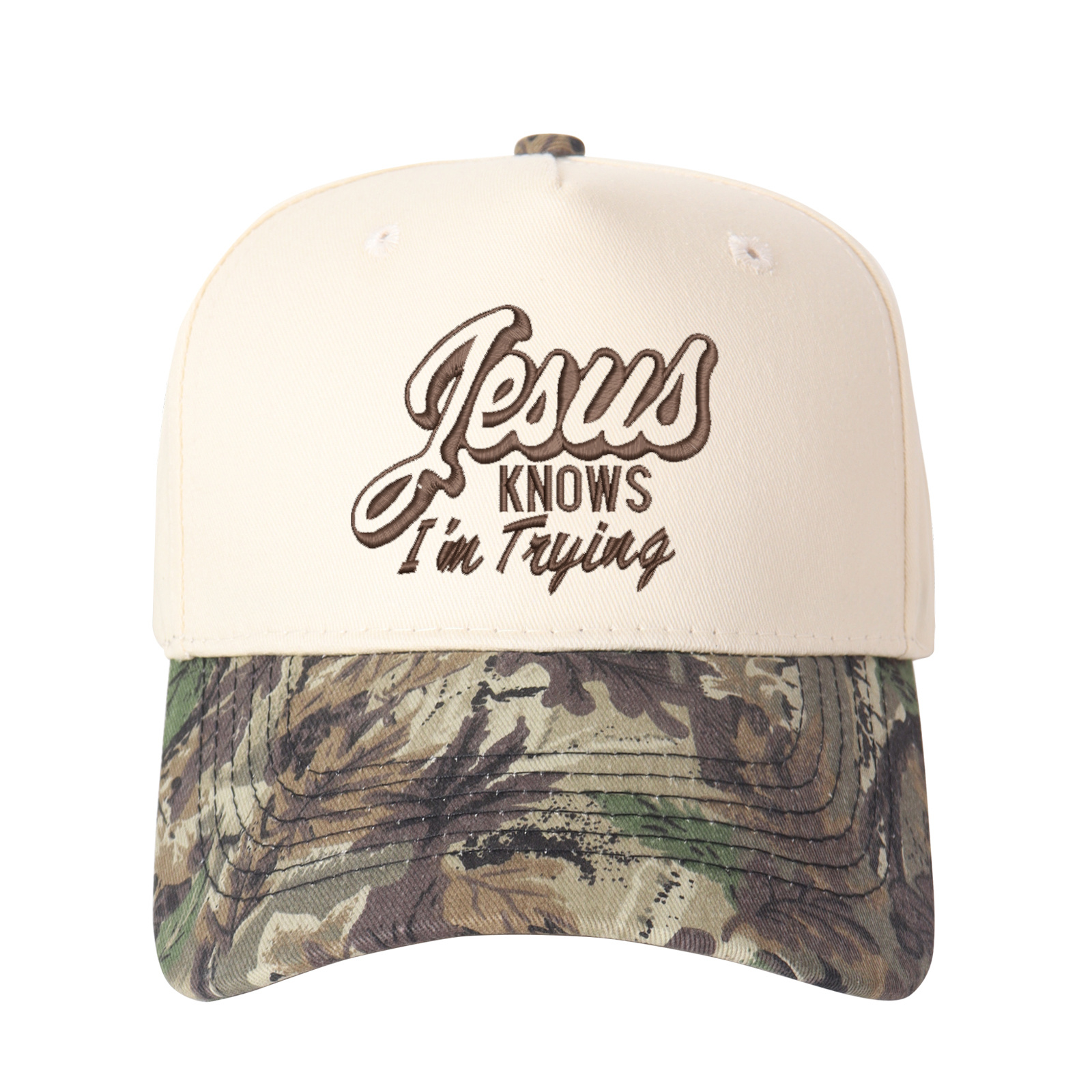 Jesus Knows I'm Trying Embroidered Trucker Hat product details
