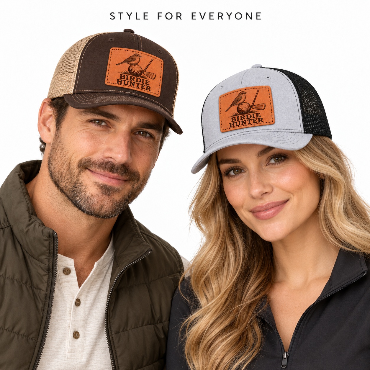 Birdie Hunter Bird And Golf Graphic Leather Patch Trucker Hat product details