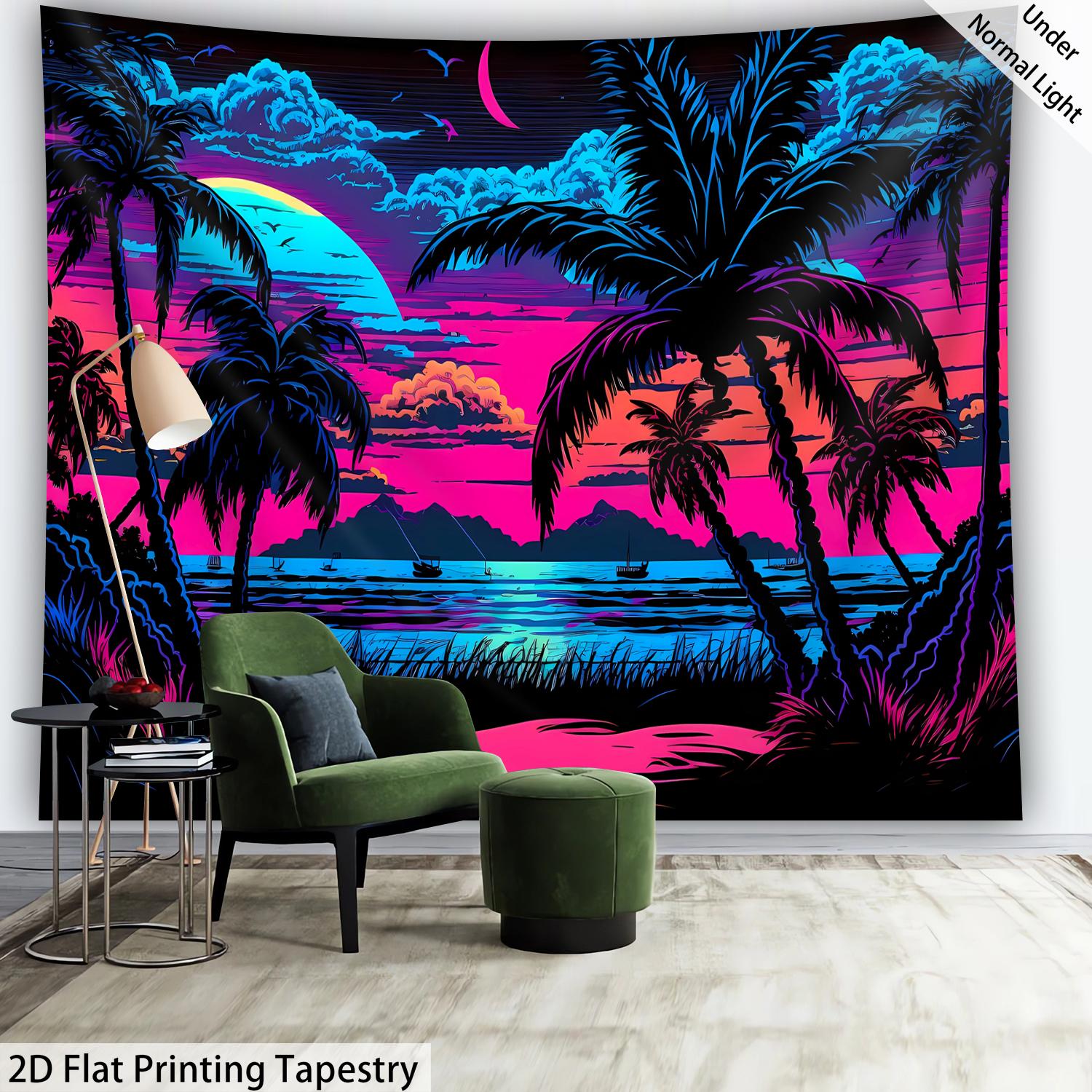 A Large-Sized Fluorescent Printed Tapestry Featuring A Retro Anime Beach Sunset With Neon Palm Trees, Glowing Under UV Light. Suitable For Bedroom_voghion.com