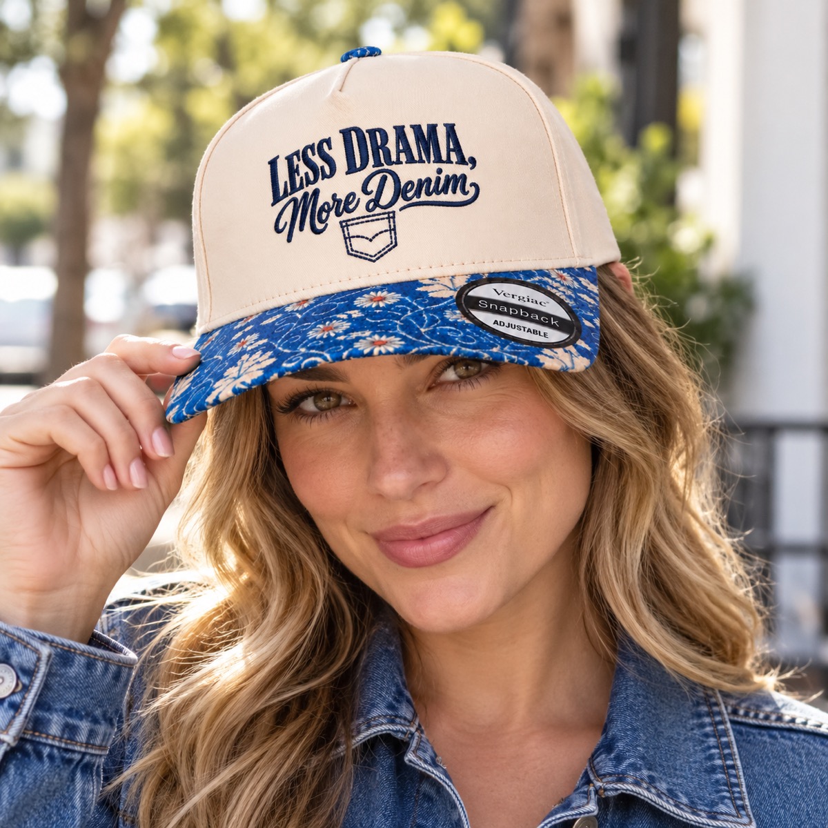 Less Drama, More Denim 5-Panel Trucker Hat product details