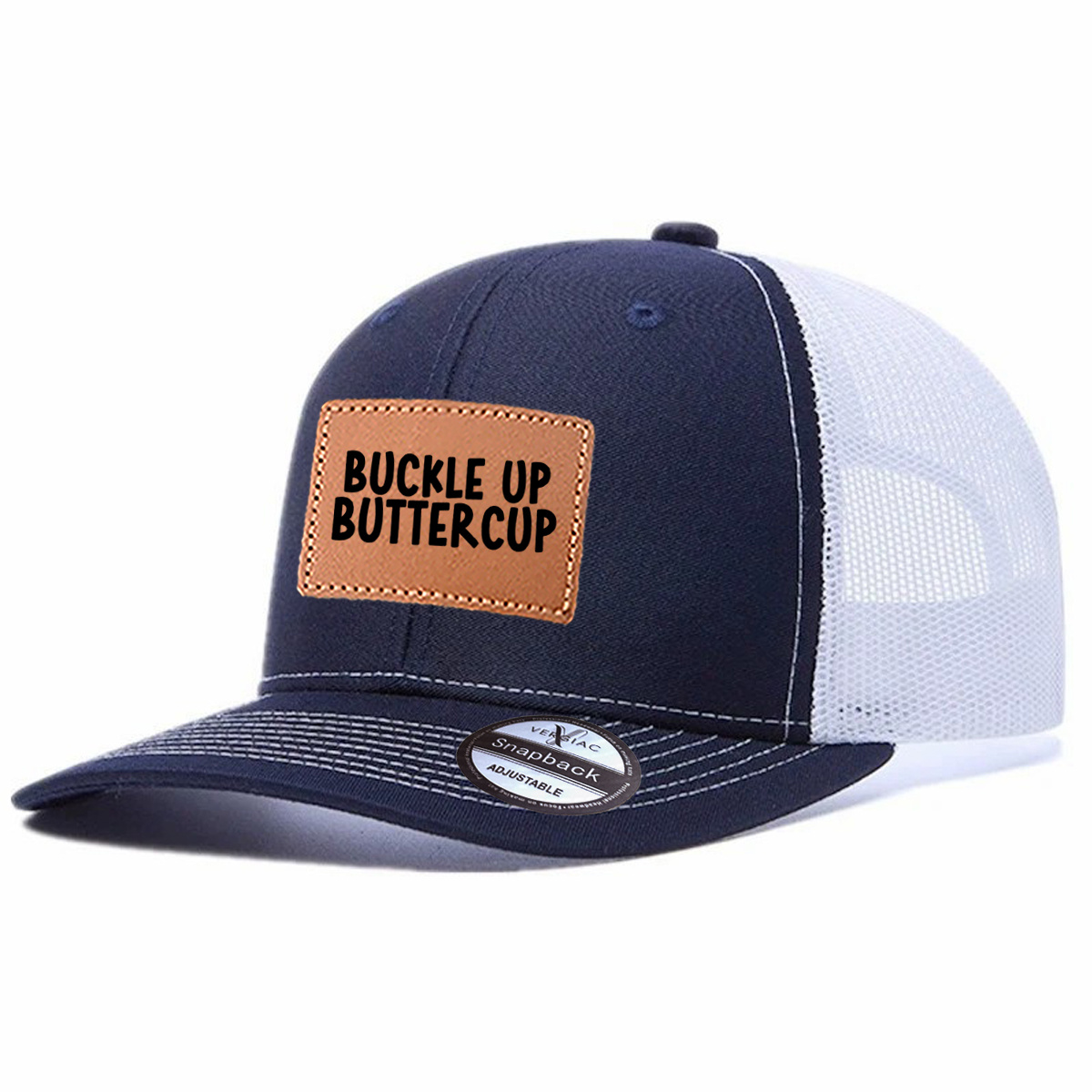 Buckle Up Buttercup Leather Patch Trucker Hat product details