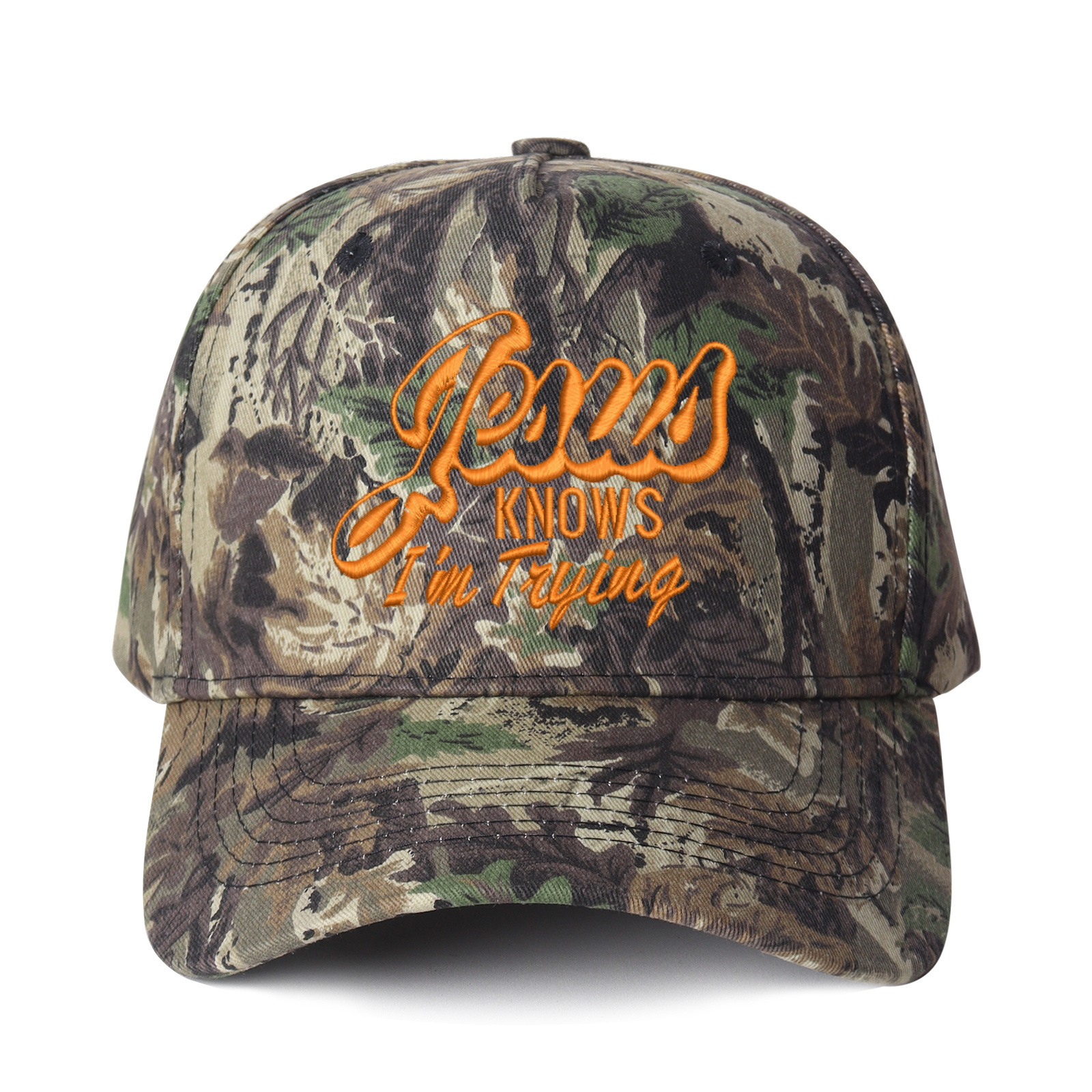 Jesus Knows I'm Trying Embroidered Trucker Hat product details