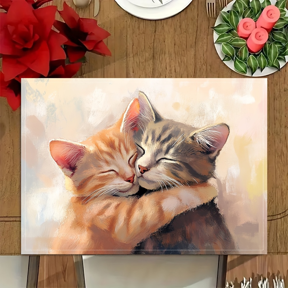 Niedliche Tischsets mit umarmenden getigerten Katzen – Design: Rot-graue Katzen, Tischsets für Ess- und Couchtische, maschinenwaschbar, rechteckige Küchendekoration_voghion.com