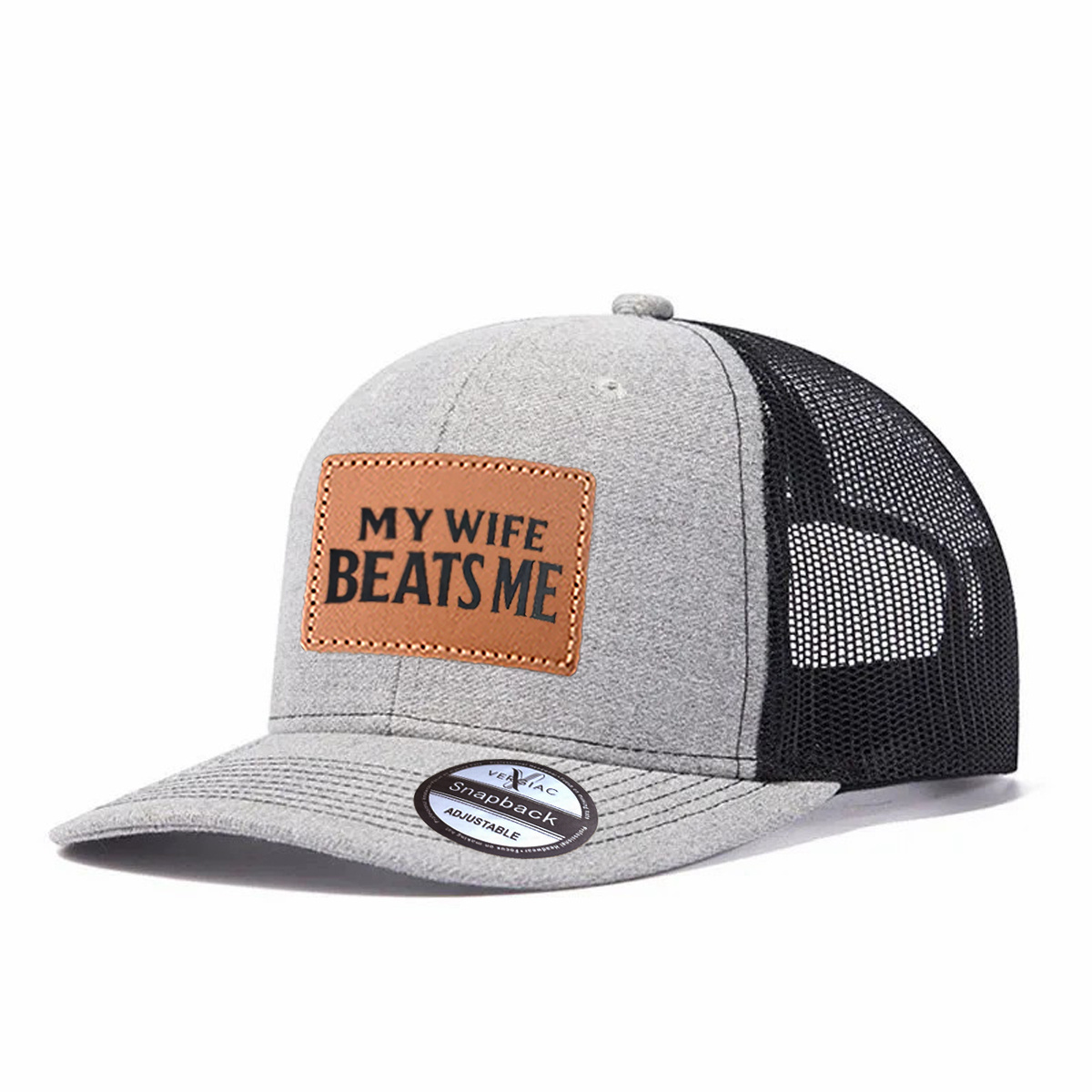 My Wife Beats Me Leather Patch Trucker Hat product details