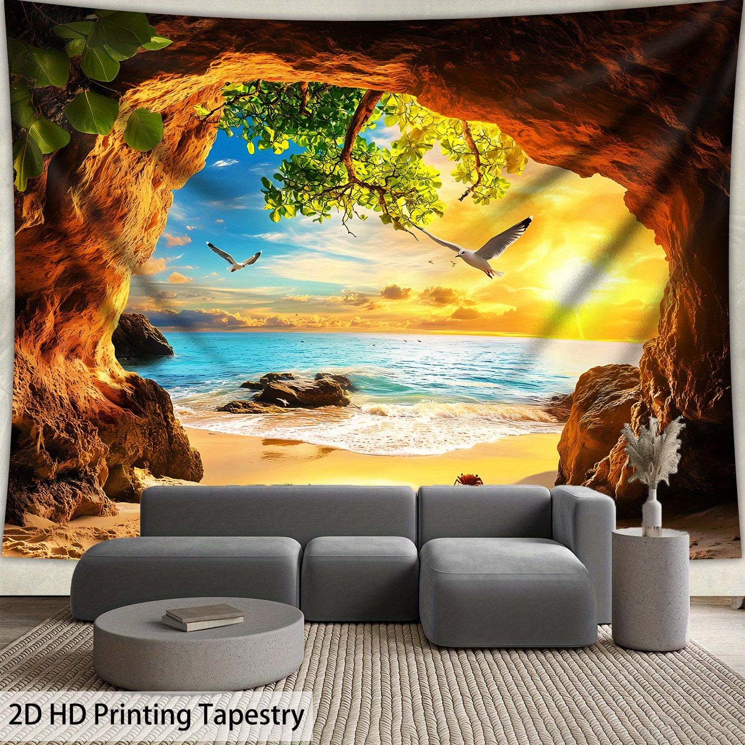 2D Flat Ultra Large Rock Cave Seaside Landscape Aesthetics Tapestry High Definition Print Birthday Gift Home Decoration With Free Hanging Clips_voghion.com