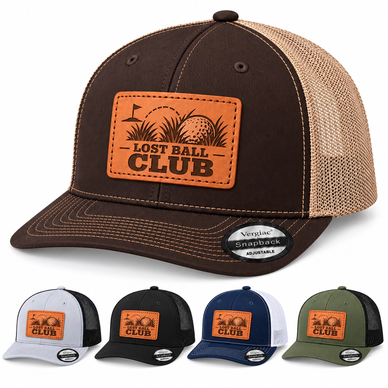 Lost Ball Club Golf Graphic Leather Patch Trucker Hat product details