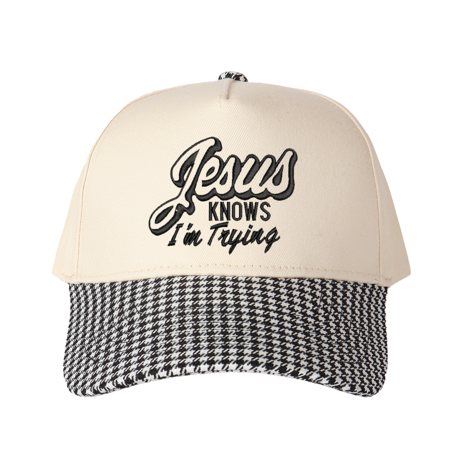 Jesus Knows I'm Trying Embroidered Trucker Hat product details
