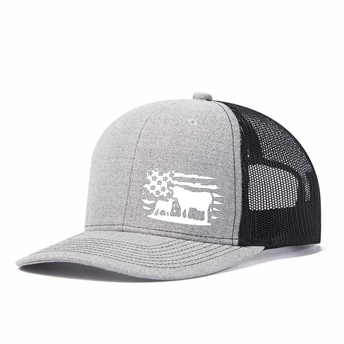 American Flag And Cattle Silhouette Leather Patch Trucker Hat product details
