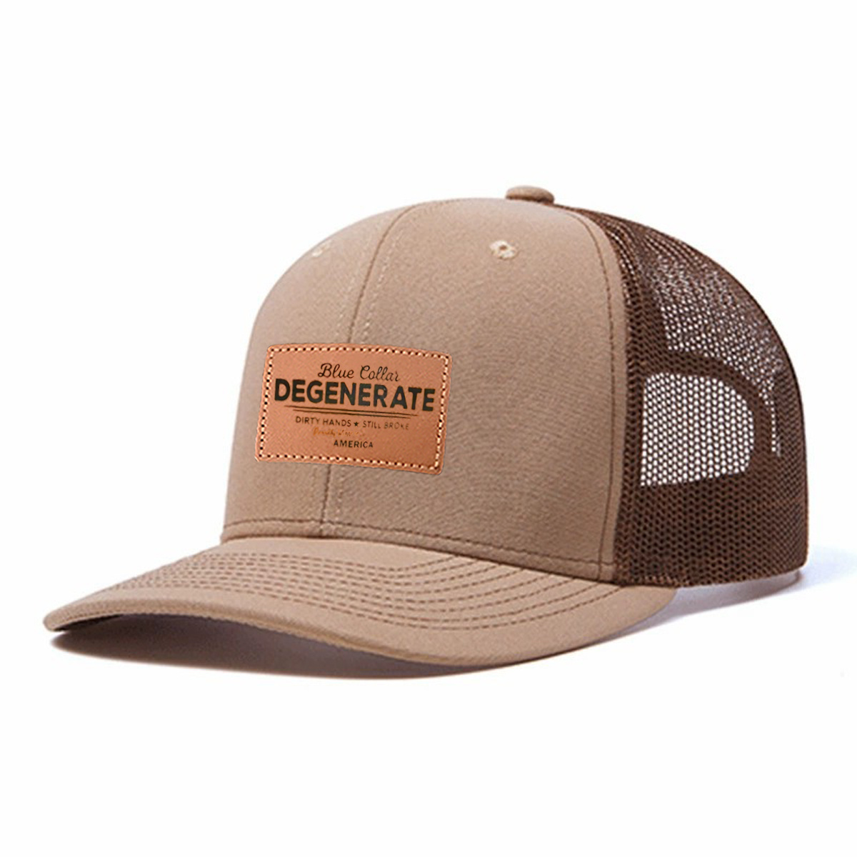 Blue Collar Degenerate Leather Patch Trucker Hat product details