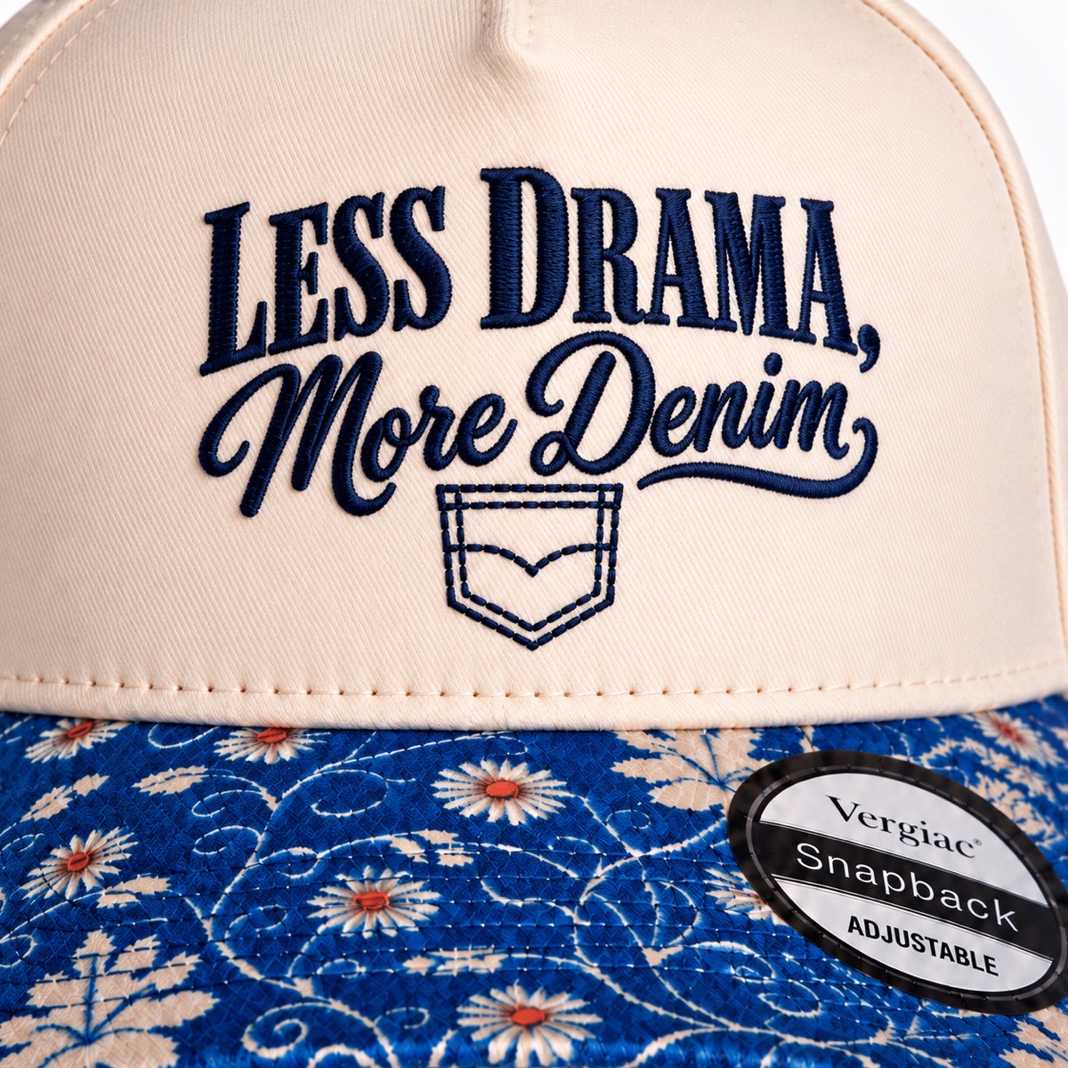 Less Drama, More Denim 5-Panel Trucker Hat product details