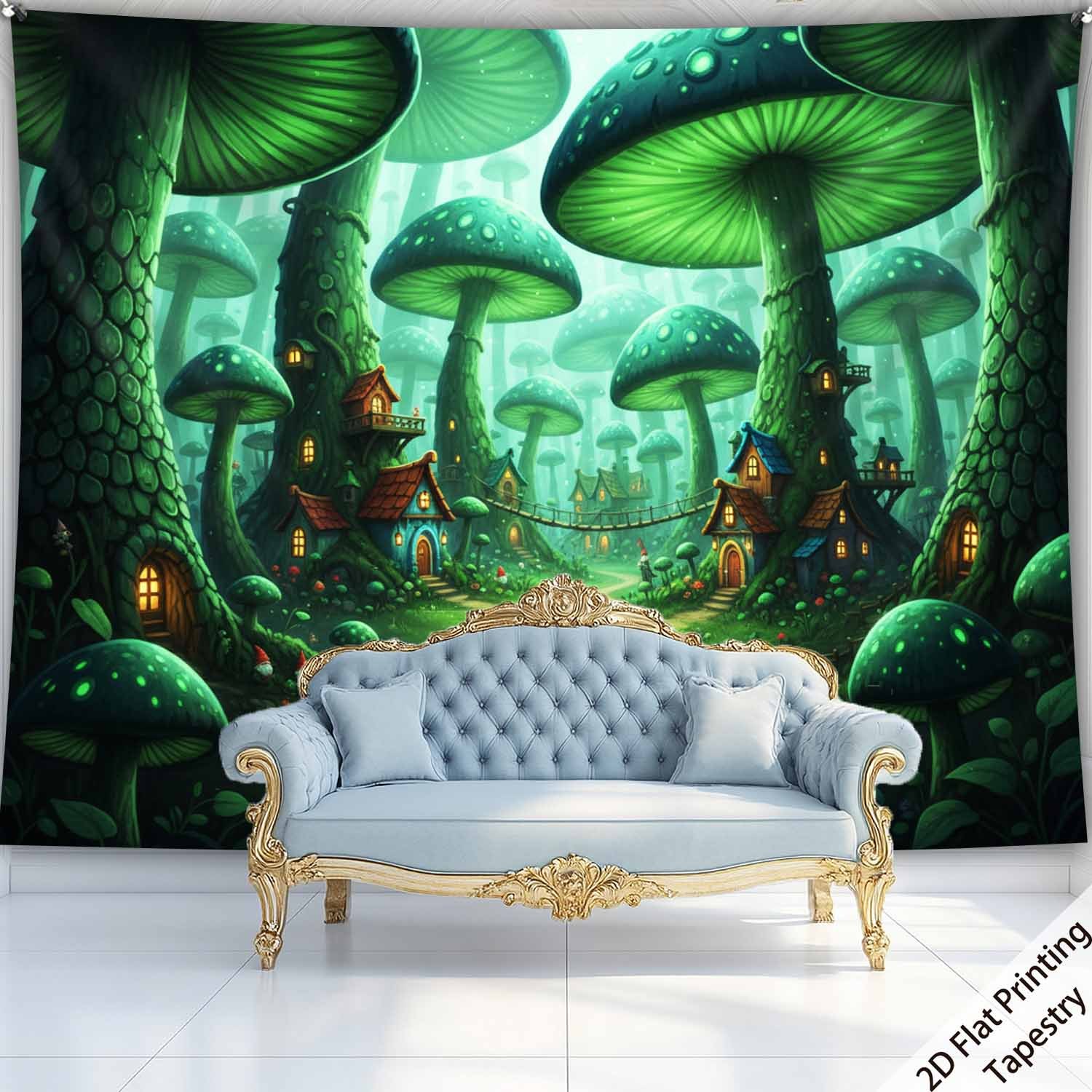 Tapisserie murale extra large en polyester, motif forêt de champignons et plantes, impression numérique HD, inspirée par la nature. Décoration murale avec clips de suspension inclus. Format plat 2D._voghion.com