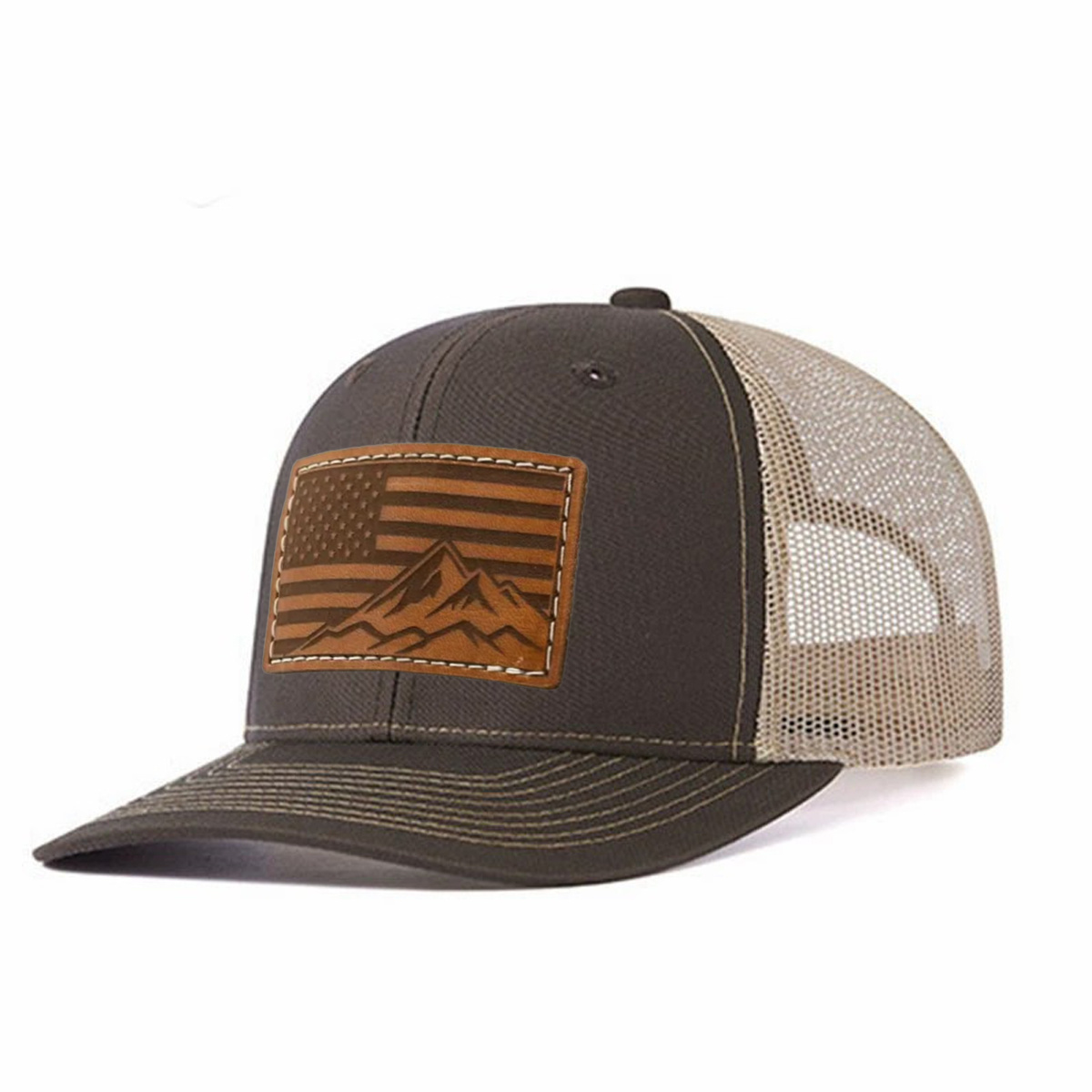 USA Flag Mountain Leather Patch Trucker Hat product details