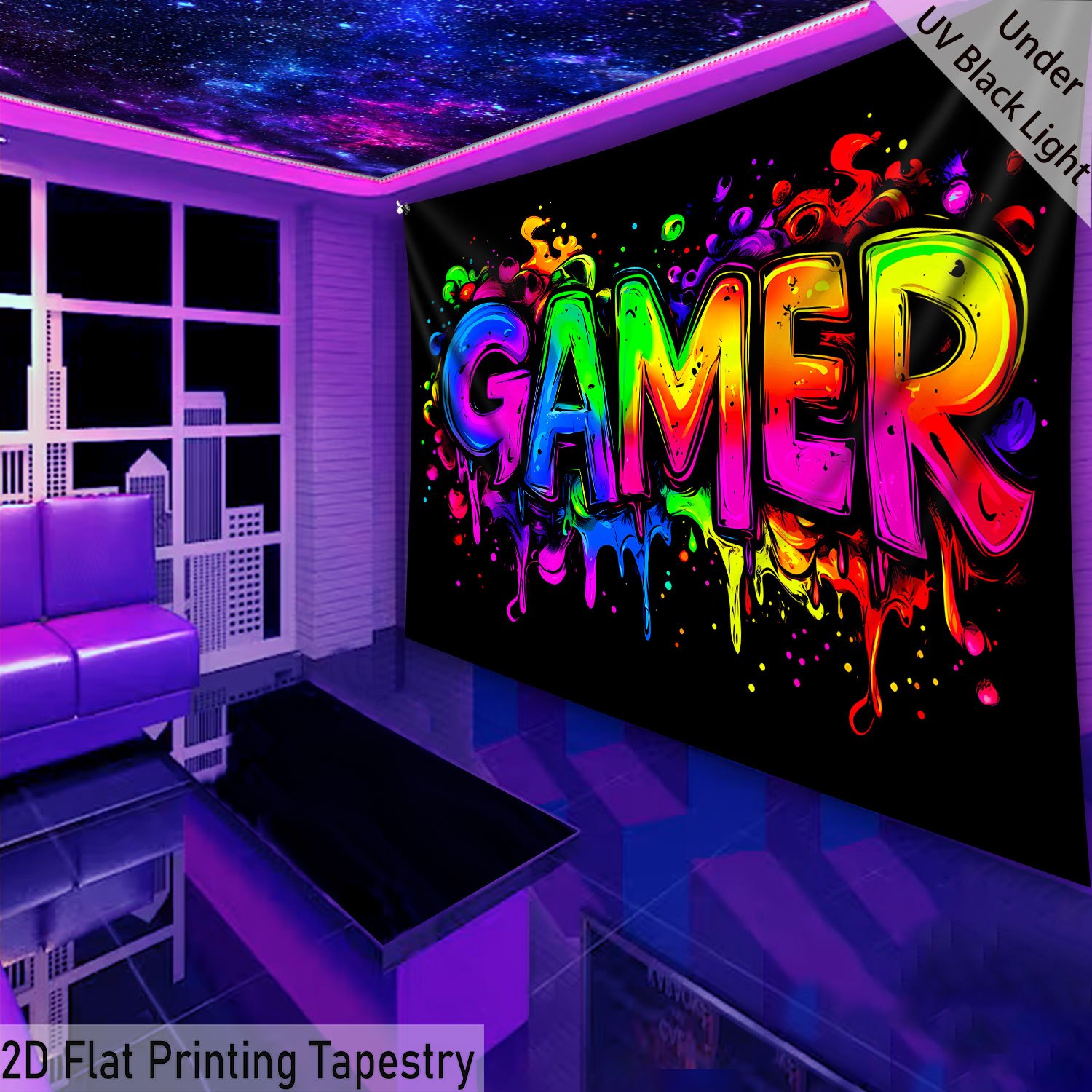 Tapisserie Saibok Game 1 pièce, très grande taille, impression 2D plate, phosphorescente sous lumière noire UV, en polyester numérique haute définition, pour la décoration intérieure_voghion.com