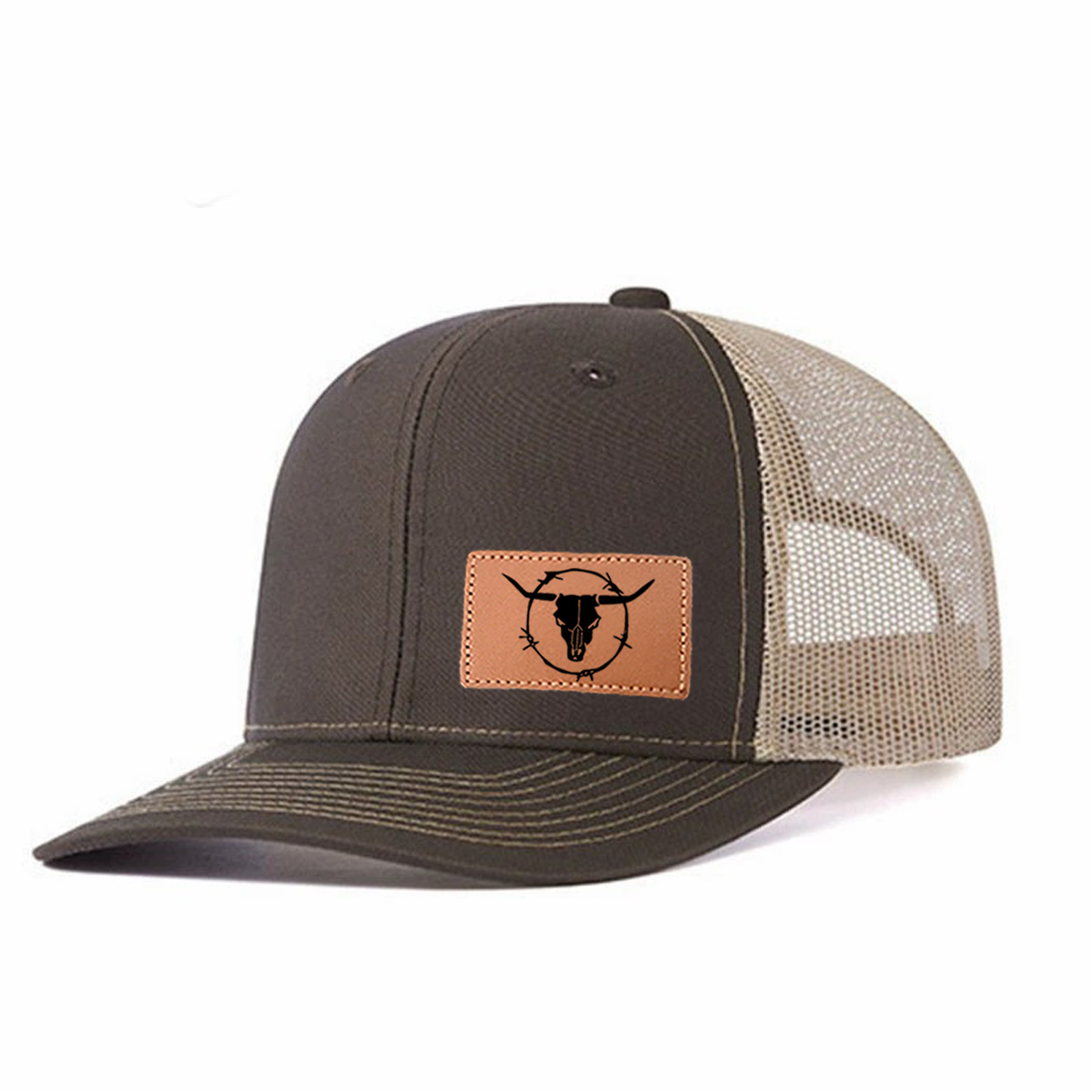 Black Bull Horns Leather Patch Trucker Hat product details