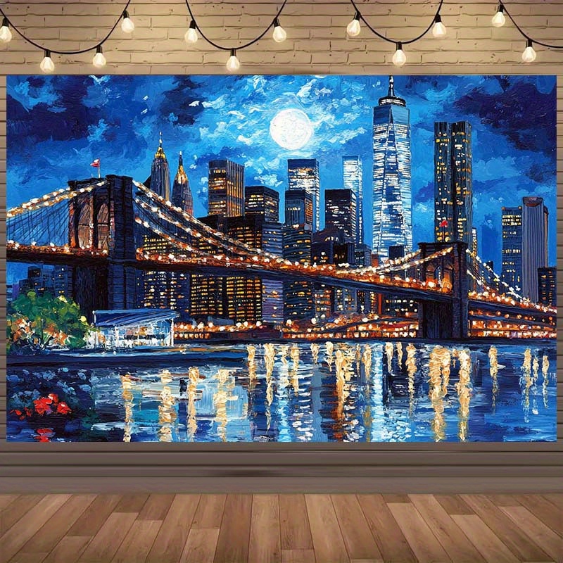 Tapeçaria de parede com o horizonte de Nova York, ponte iluminada e lua cheia, em poliéster, para decoração de festas de aniversário e como pano de fundo para fotografia (1 unidade)._voghion.com