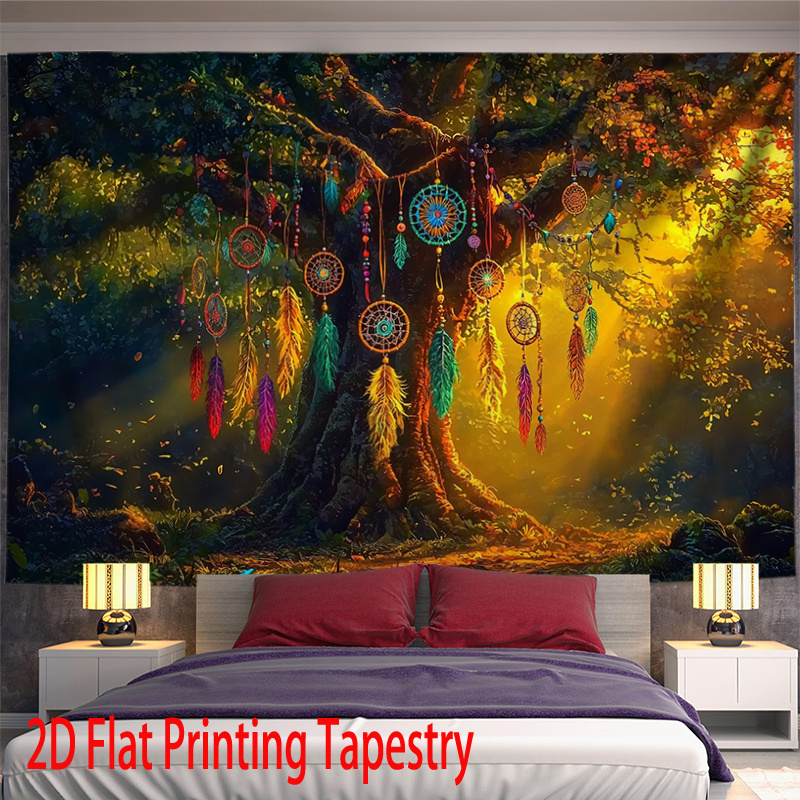 Boho Dreamcatcher Tree Tapestry 2D Flat Printing Fantasy Forest Pattern Polyester Wall Hanging For Home Living Room Bedroom Office Yoga Studio Decor_voghion.com