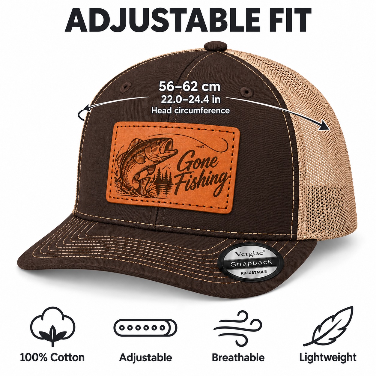 Gone Fishing Leather Patch Trucker Hat product details