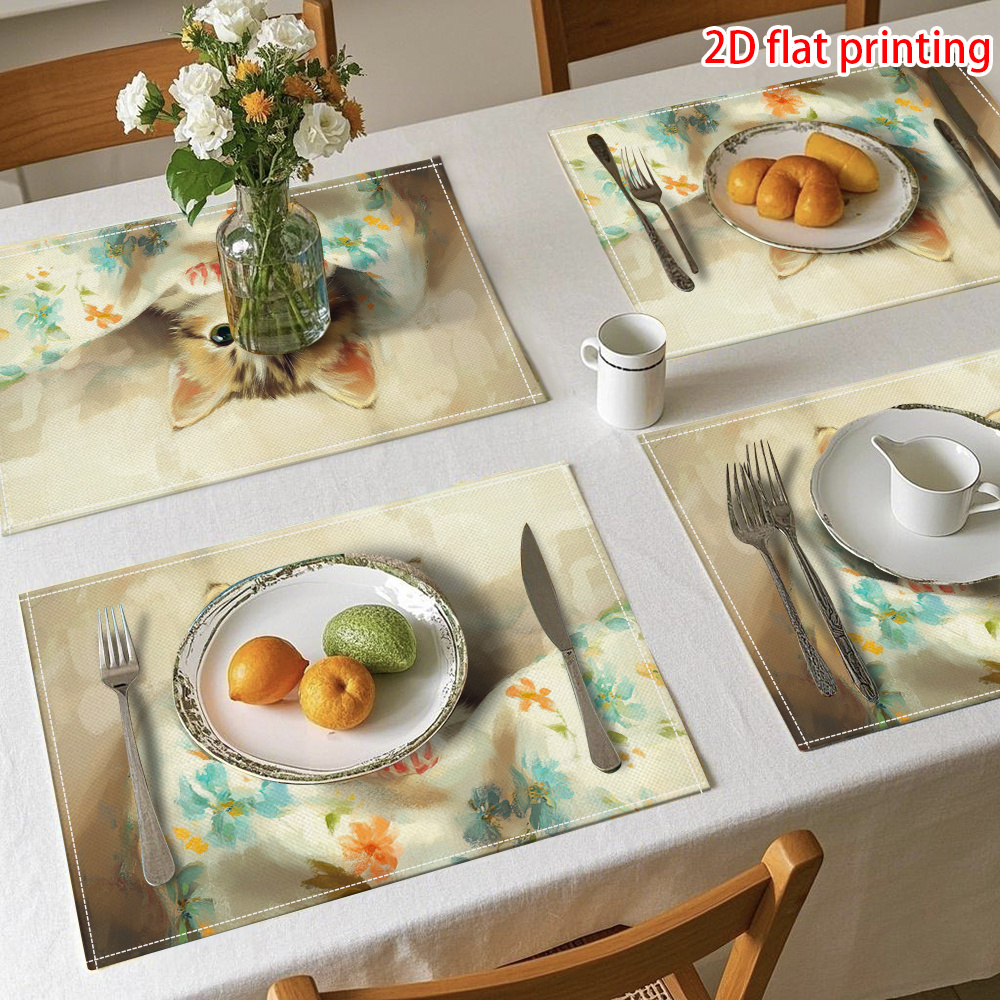 4 rechteckige Tischsets mit Katzenmotiv, geeignet für Esstische – hitzebeständige Tischschoner mit niedlichem Kätzchenmuster, leicht zu reinigen, handwaschbar_voghion.com