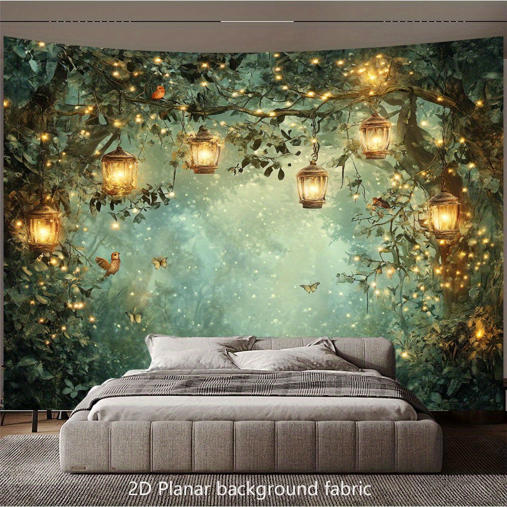 2D Flat Banner 1pc Magic Forest Night Scene Luminous Tapestry Bird Decoration Self Adhesive No Power Needed Easy Hang For All Seasons Indoor Outdoor_voghion.com