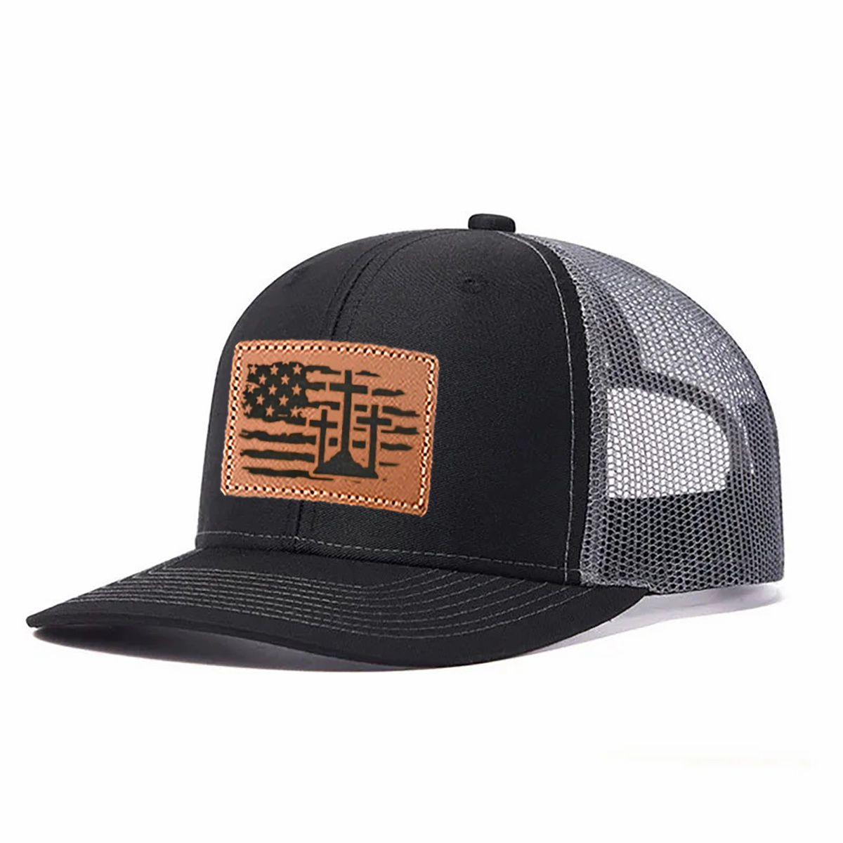 Us Flag Cross Leather Patch Trucker Hat product details