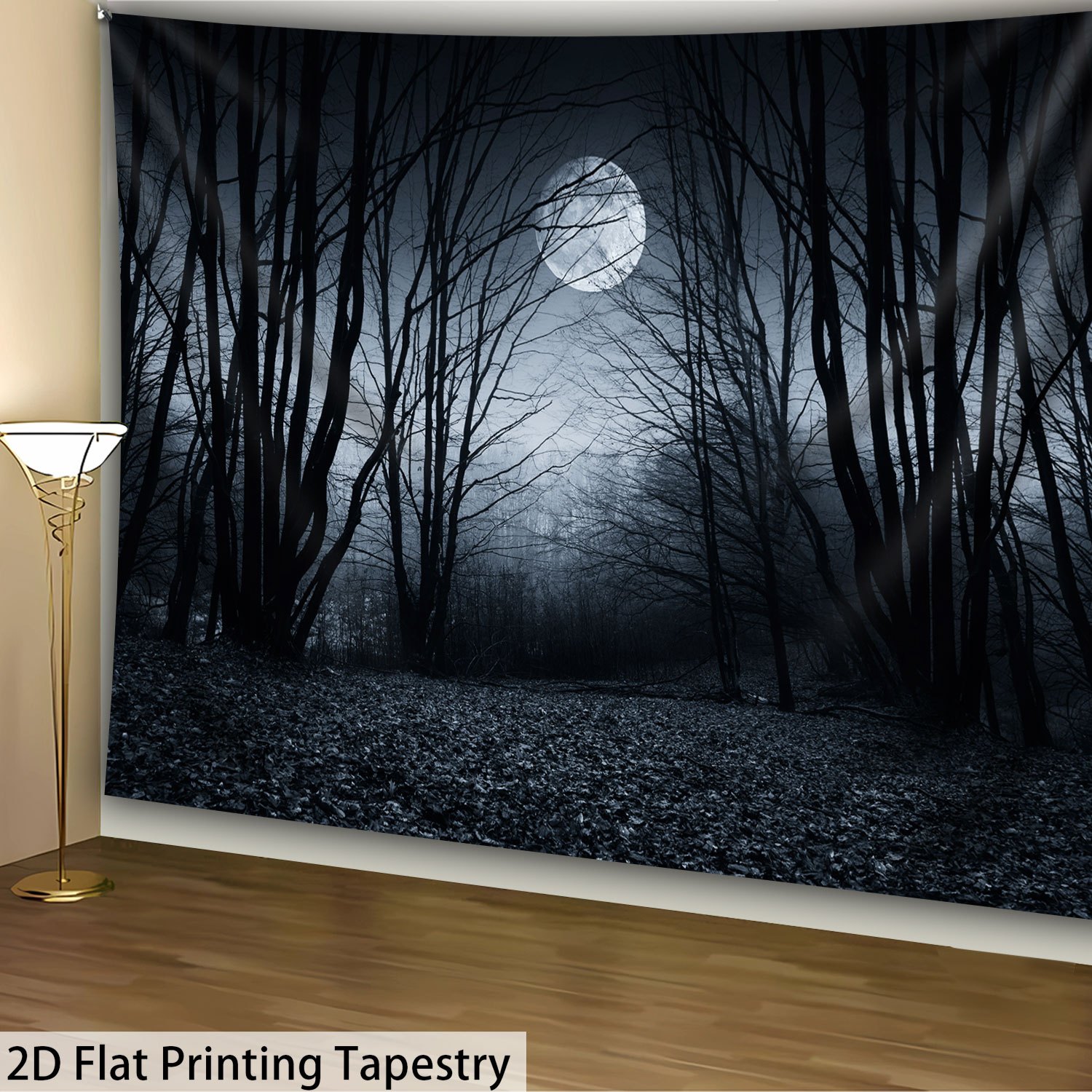 Oversized 320cm By 240cm 2D Flat Printed Tapestry Moonlit Night Eerie Forest Scene HD Digital Print Polyester Wall Hanging Home Decor_voghion.com