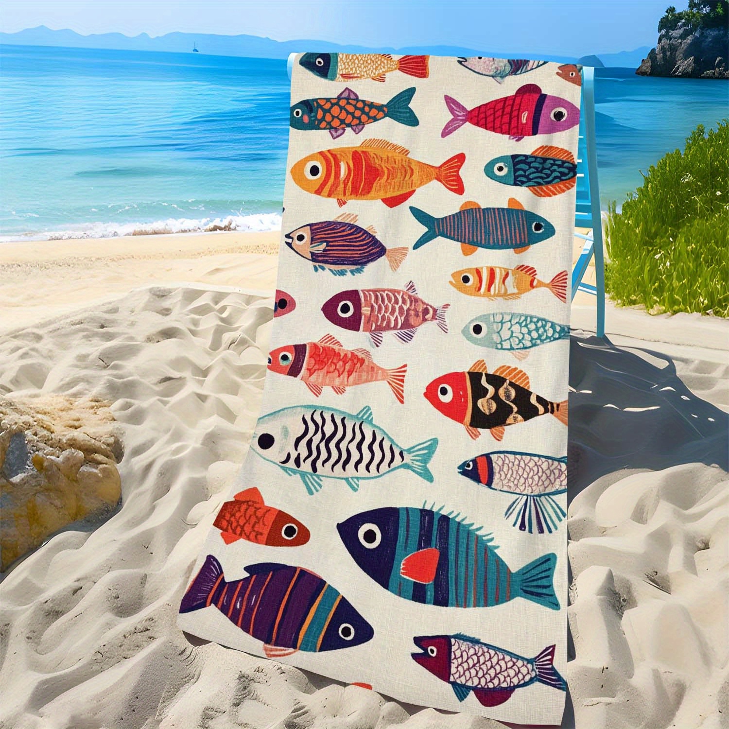 1 toalla de playa con estampado de peces vibrantes, suave, ligera, resistente a la arena, de microfibra ultra absorbente, ideal para viajes, natación, surf, yoga, camping y playa._voghion.com