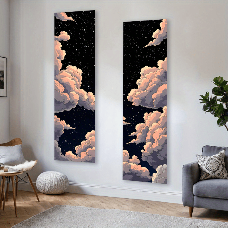 Mysterious Starry Night Sky Vertical Banner Tapestry 2pcs Set Fantastic Clouds Star Landscape Long Narrow Moonlit Aesthetic Art Washable Wall Decor_voghion.com
