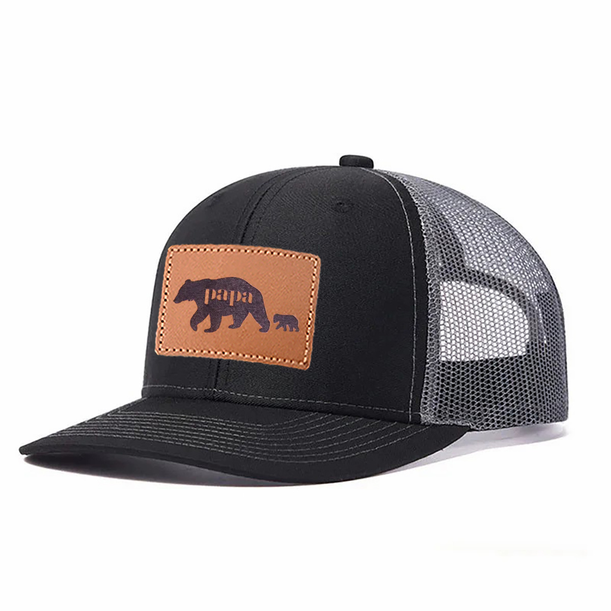 Papa Bear Leather Patch Trucker Hat product details