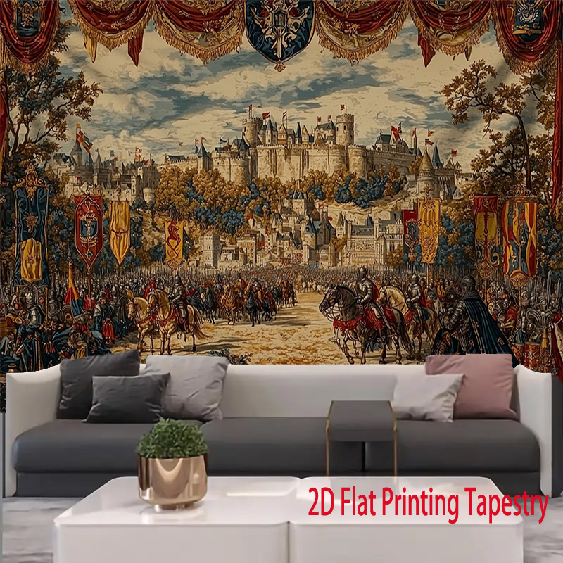 Vintage Aesthetic Medieval Castle Tournament Knight Jousting 2D Flat Printing Tapestry Polyester Wall Hanging Decor For Home Living Room Bedroom_voghion.com