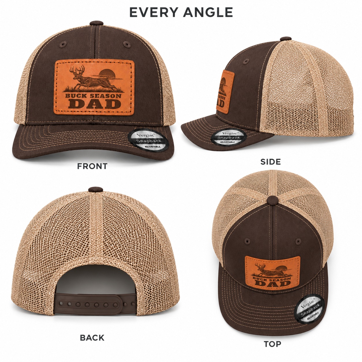 Buck Season Dad Stag Graphic Leather Patch Trucker Hat product details