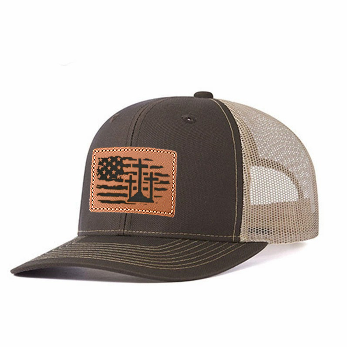 Us Flag Cross Leather Patch Trucker Hat product details