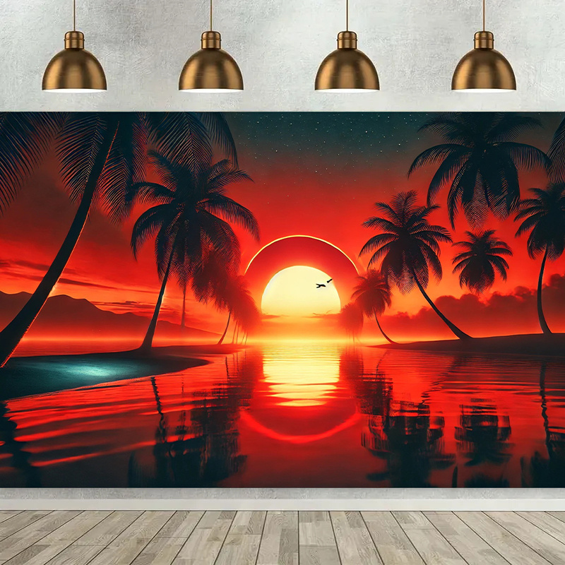 Sunset Beach Scene Tapestry 1pc 243.84x182.88cm Tropical Palm Trees Ocean Pattern Durable Polyester Wall Decor For All Season Indoor Outdoor Party_voghion.com