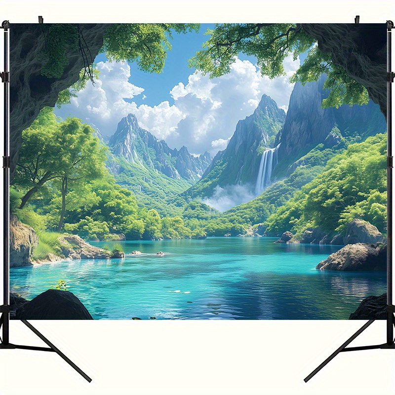 1pc Extra Large Natural Tapestry Tropical Waterfall Lush Greenery Blue Waters Easy Hang No Installation For Living Room Bedroom Party Background_voghion.com