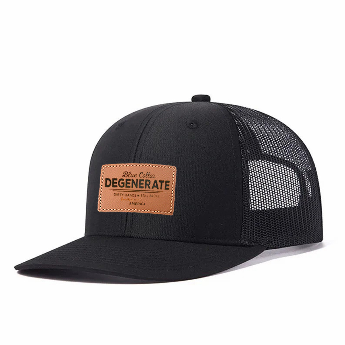 Blue Collar Degenerate Leather Patch Trucker Hat product details