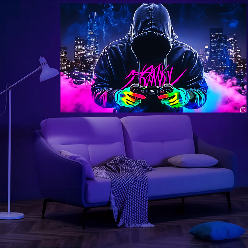 Tapisserie murale fluorescente « Manette de jeu Mysterious Man » (1 pièce), réactive aux UV, sans alimentation, idéale pour chambre, salle de jeux ou bar._voghion.com