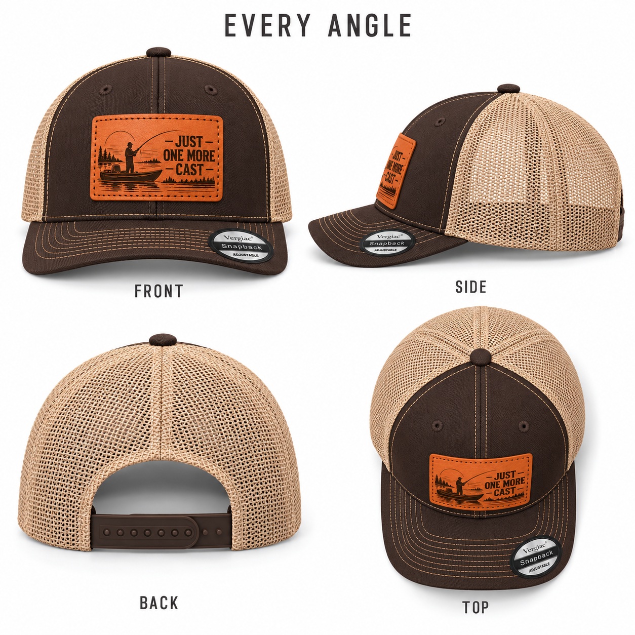 Just One More Cast Boat And Fishing Cast Graphic Leather Patch Trucker Hat product details