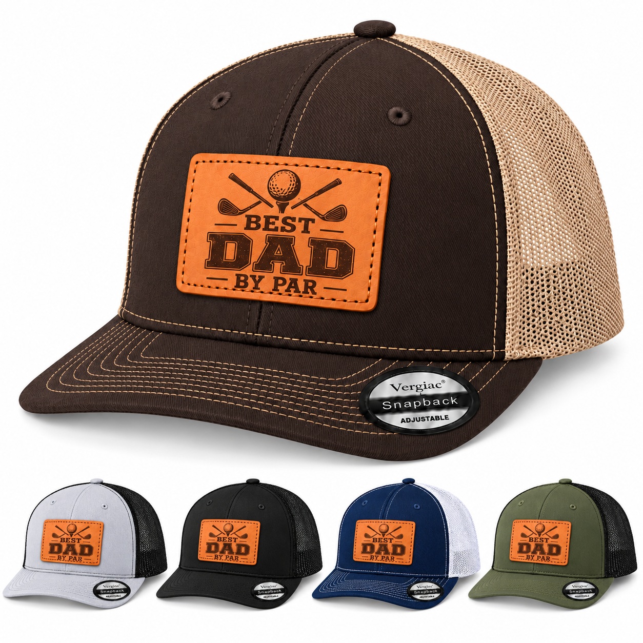 Best Dad By Par Golf Club Graphic Leather Patch Trucker Hat product details