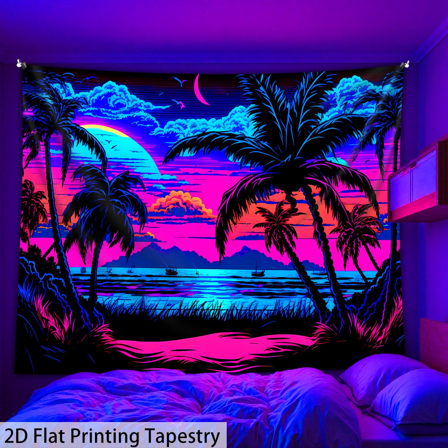 A Large-Sized Fluorescent Printed Tapestry Featuring A Retro Anime Beach Sunset With Neon Palm Trees, Glowing Under UV Light. Suitable For Bedroom_voghion.com