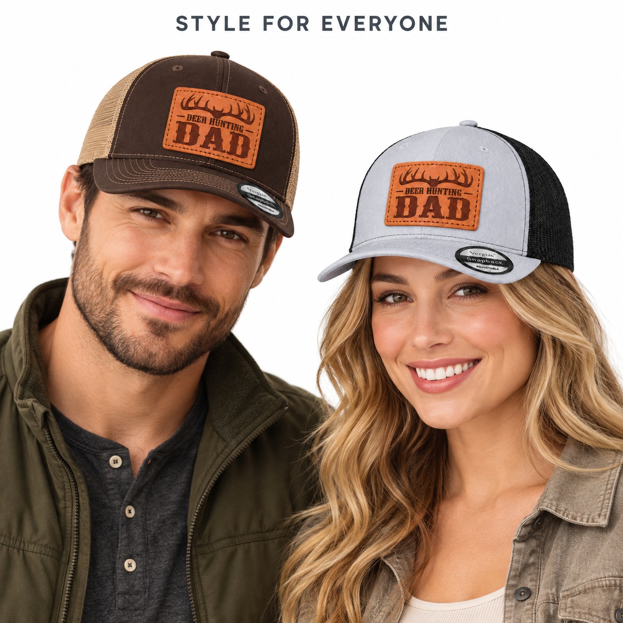 Deer Hunting Dad Antler Graphic Leather Patch Trucker Hat product details