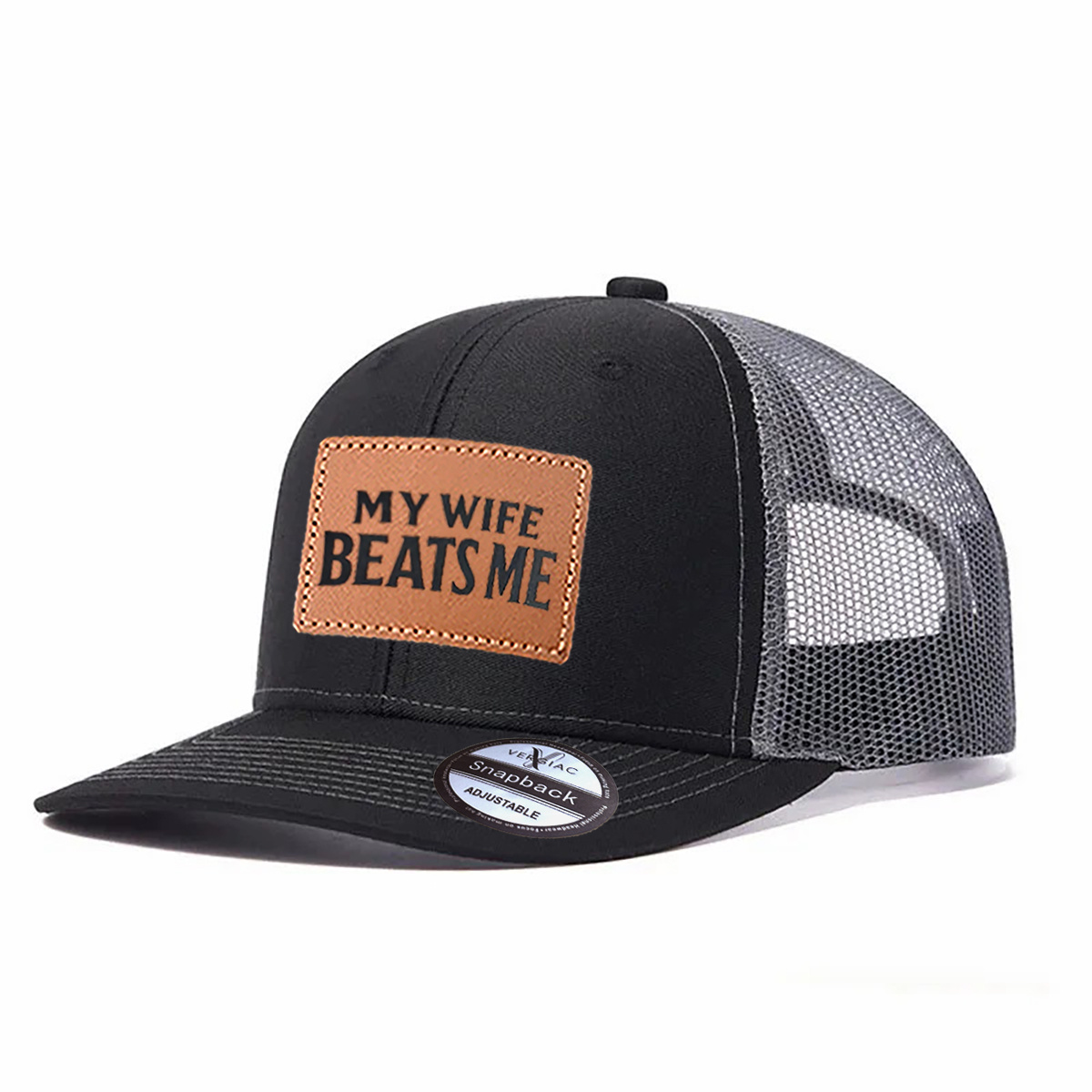 My Wife Beats Me Leather Patch Trucker Hat product details