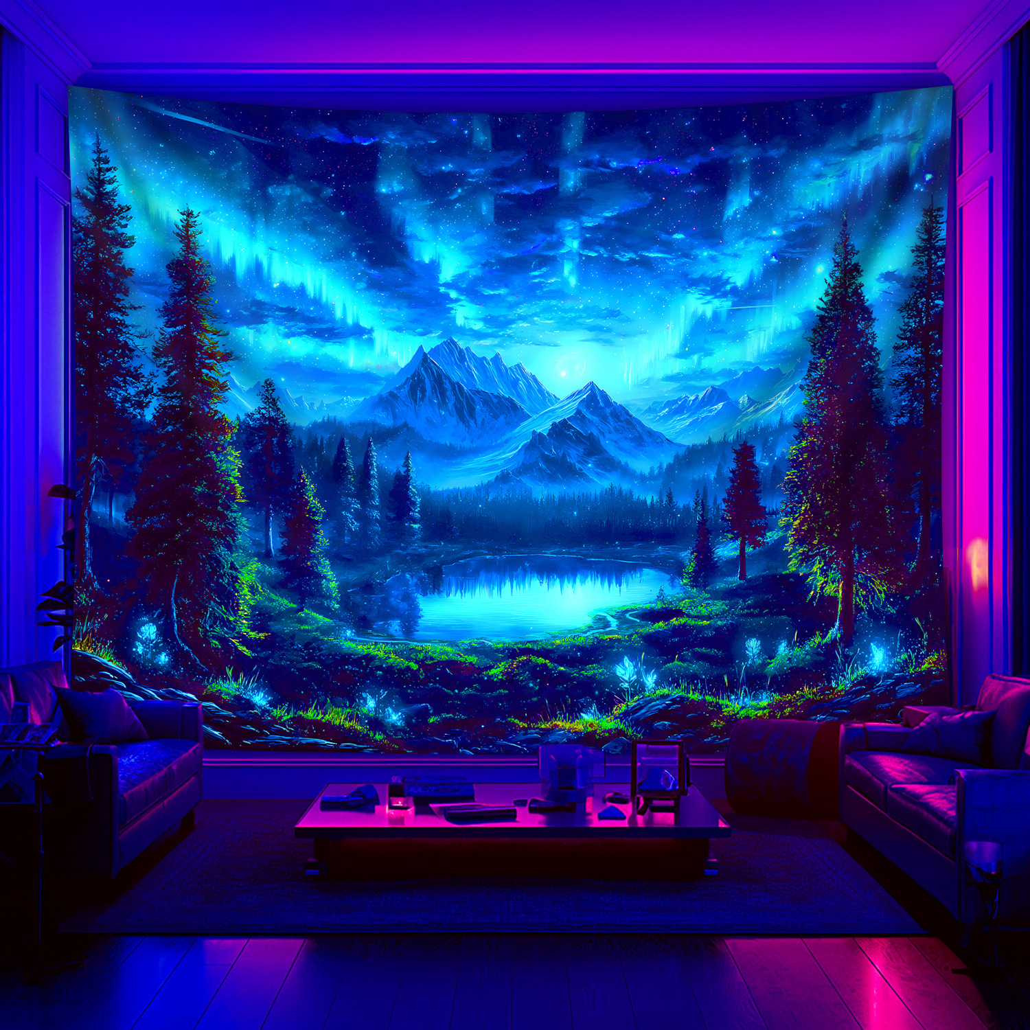 Glow In UV Light Fluorescent Printing Tapestry 1pc Starry Sky Mountains Forests Lakes Large Size Peach Skin Hanging Tapestry For Home Party Wall Decor_voghion.com