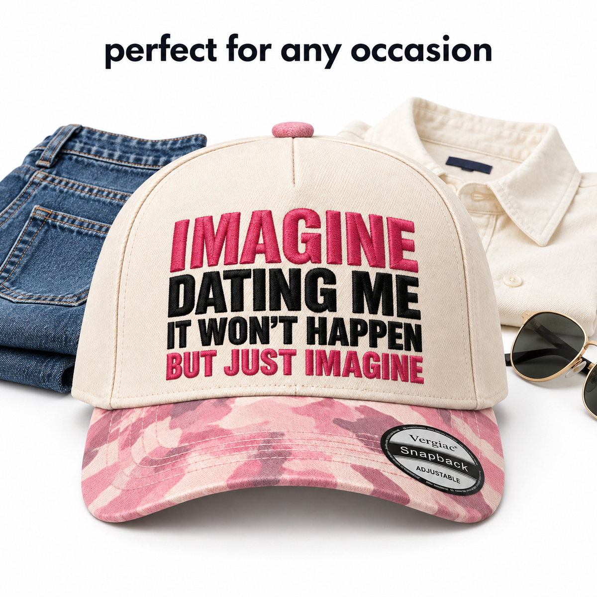 Imagine Dating Me Novelty Slogan 5-Panel Trucker Hat product details