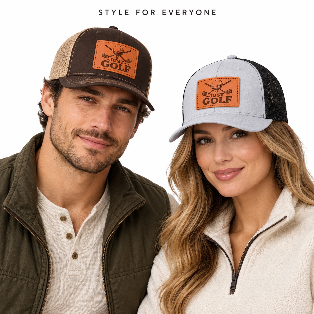 Just Golf Golf Club Graphic Leather Patch Trucker Hat product details