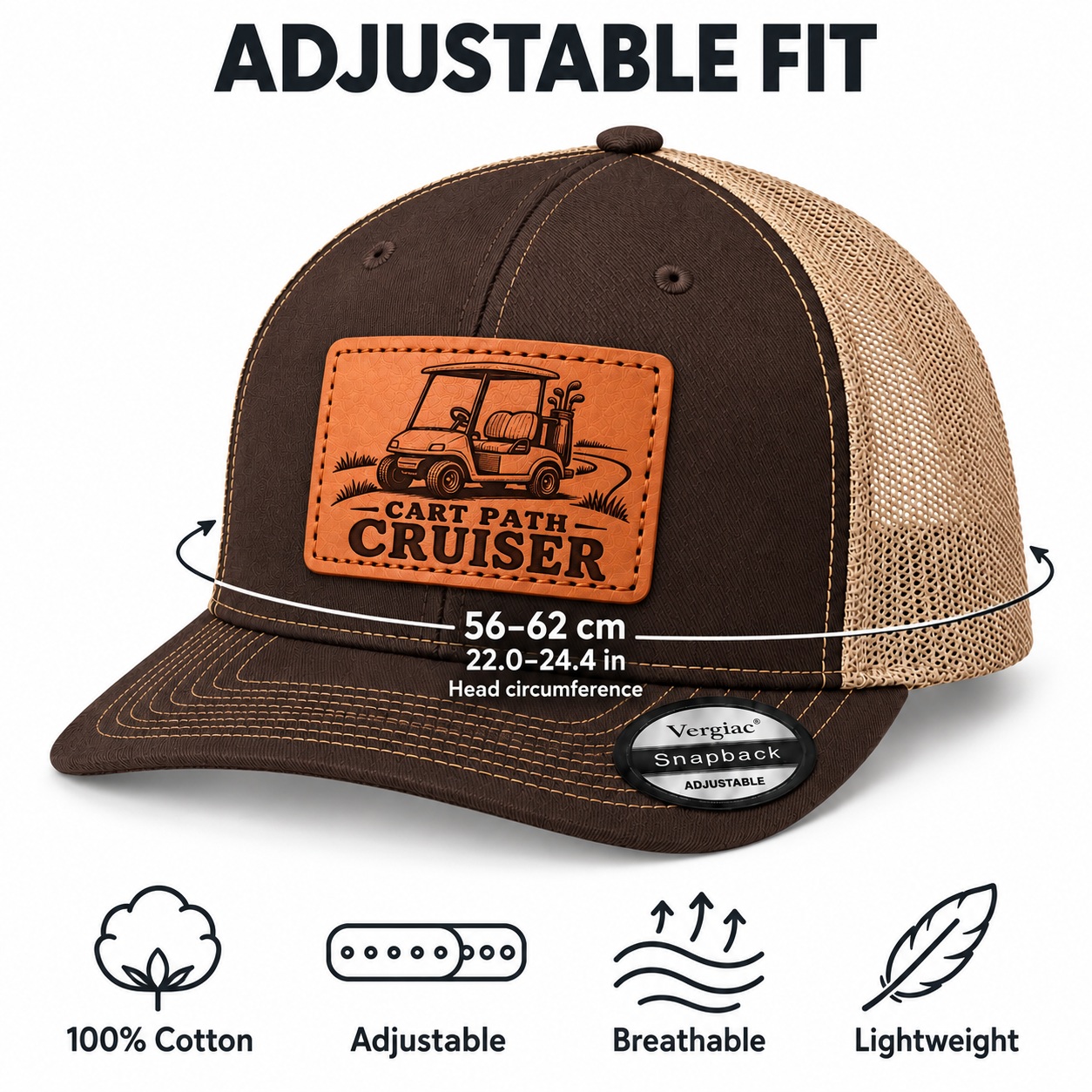 Cart Path Cruiser Golf Cart Graphic Leather Patch Trucker Hat product details