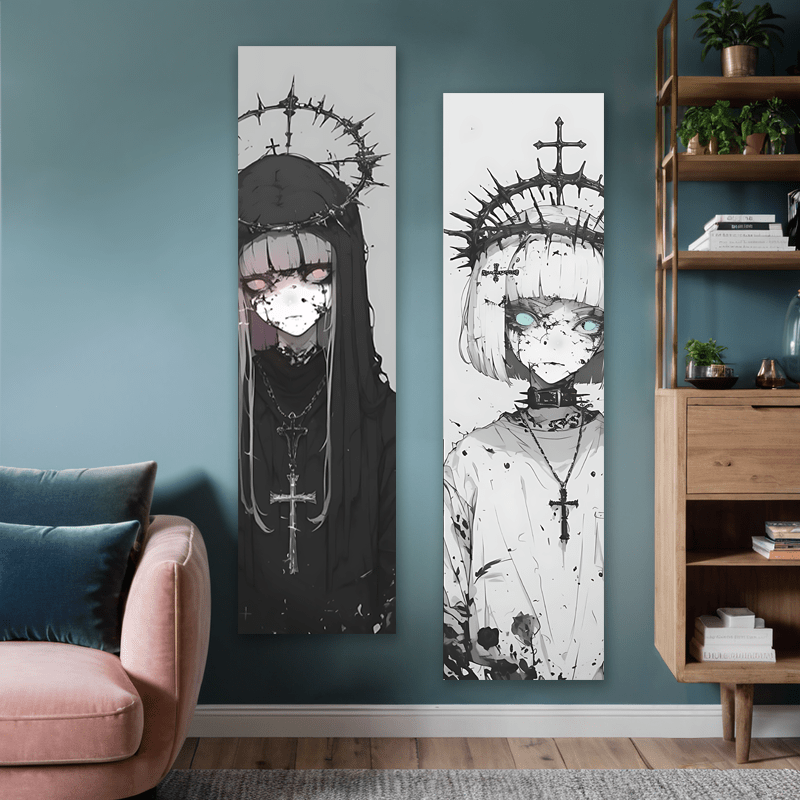 Unikalny projekt gotyckiej dziewczyny z anime, obszyte brzegi, wytrzymały poliester, ciemne, estetyczne, turkusowe oczy, dekoracja ścienna do domu i akademika_voghion.com