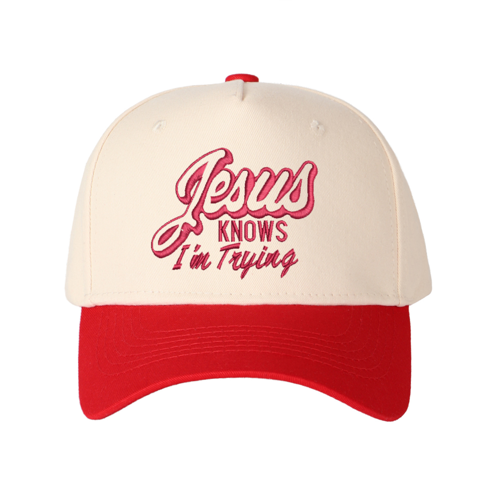 Jesus Knows I'm Trying Embroidered Trucker Hat product details