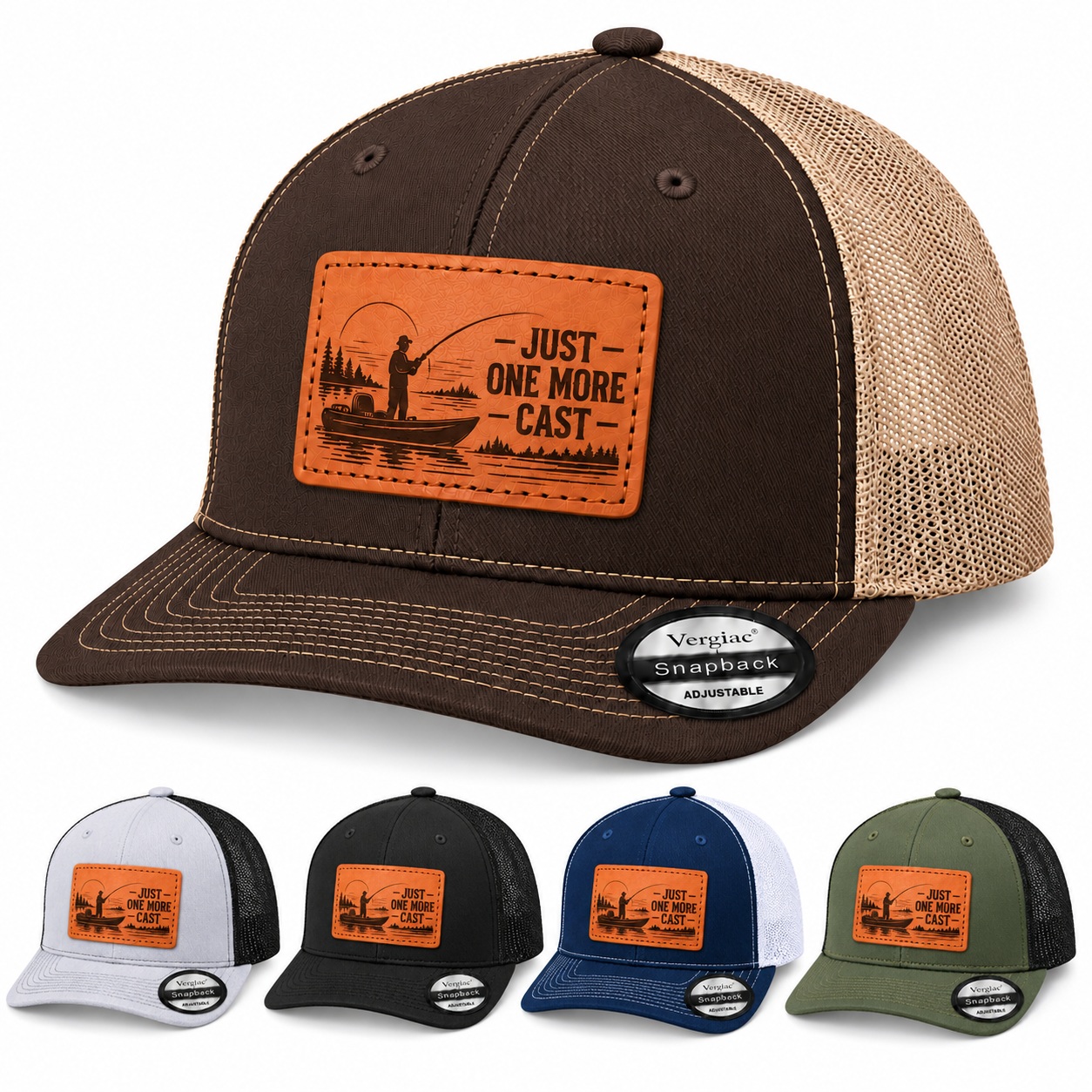 Just One More Cast Boat And Fishing Cast Graphic Leather Patch Trucker Hat product details